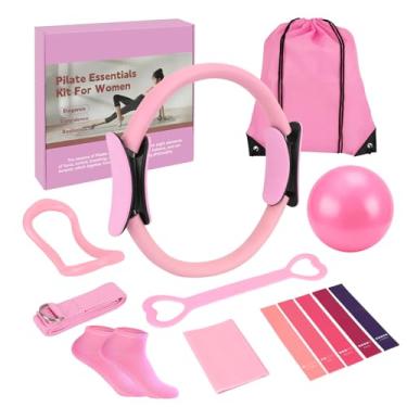 Imagem de Kit essencial de pilates para mulheres, conjunto de anel e bola de equipamento de pilates, círculo mágico de 30,5 cm, bola de ioga, 8 faixas de resistência, kits de acessórios premium para exercícios