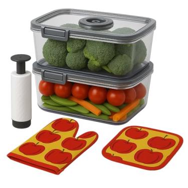 Imagem de Kit 2 Potes Herméticos 2500ml com Tampa Cinza + Bomba de Vácuo + Kit de Luvas Térmicas para Forno – Cores Sortidas | Vedação a Vácuo + Resistência ao Calor | Organização e Segurança na Cozinha