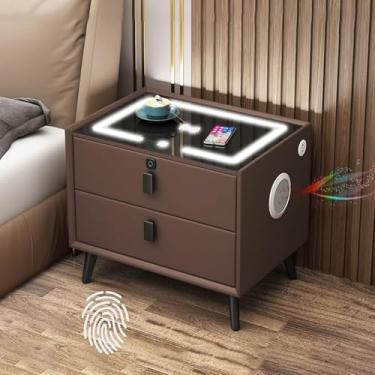 Imagem de Mesa De Cabeceira Inteligente Com Luzes Led De 3 Cores E Estação De Carregamento Sem Fio, Mesa Lateral Moderna Com 3 Gavetas, Portas Usb, Tomadas E Alto-falantes Inteligentes, Brown, 2 drawers