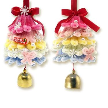 Imagem de CUTENNIOU 2 peças de árvore de Natal pequena com sino dourado, limpadores de cachimbo coloridos feitos à mão, decorações de Natal, ornamentos de árvores de Natal artificiais para decoração de porta de