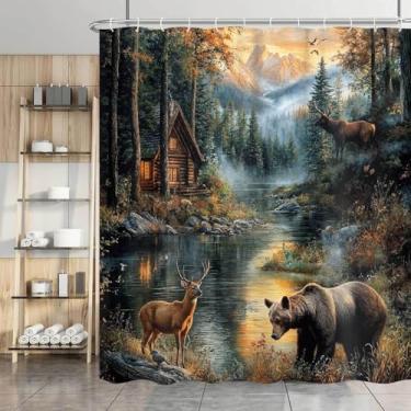 Imagem de Dizifinn Acessórios rústicos para banheiro, cabana de campo, urso, alce, veado, acessórios de banheiro, cortinas de chuveiro de tecido de acampamento de caça para decoração de banheiro, com ganchos