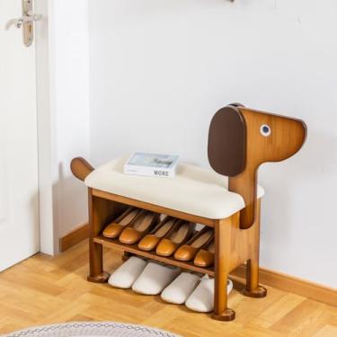 Imagem de SOBIBO Banco de sapato com almofada, banco de entrada de cachorro de 2 andares, fofo, banco de sapateira de madeira, 60 cm
