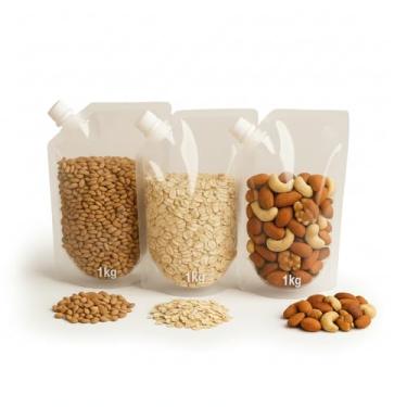 Imagem de Kit Organizador de Alimentos com 5 Sacos Dispenser para Grãos, Feijão, Aveia, Lentilha e Café, Capacidade 1kg, Transparente, 18x25cm