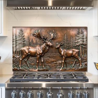 Imagem de fzxwyishu Revestimento de vidro temperado para cozinha, protetor de respingos de fogão, design de alce de placa de cobre de metal | Placa de respingo resistente ao calor, decoração de parede de