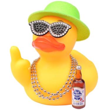 Imagem de MuMyer Ornamento de carro de pato de borracha, acessórios exclusivos de decoração de painel de carro de pato amarelo com colar de óculos de sol de cartola e adereço fofo (9,5 cm)