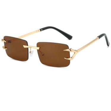 Imagem de HCPIHF Óculos de sol vintage retangulares sem aro para mulheres, armação de metal, moderno, transparente, lente oceânica, UV400 (dourado-marrom)