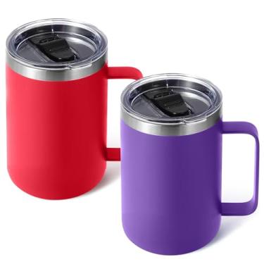 Imagem de Volhoply Caneca de café isolada de 473 ml com tampa e canudo, canecas de viagem de aço inoxidável com alça, copo de café à prova de vazamento a vácuo de parede dupla (Mix, 2)