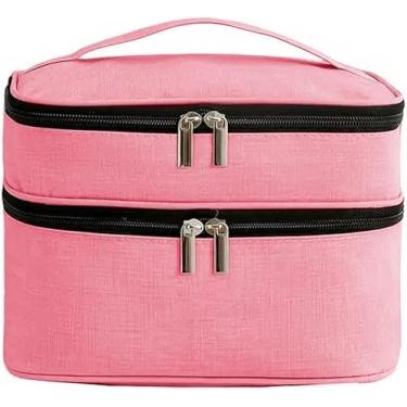Imagem de Necessaire de Maquiagem Feminina com 2 Compartimentos – Bolsa Organizadora de Viagem com Alça de Mão, Zíper Reforçado e Espaço Duplo | Ideal para Cosméticos, Pincéis e Acessórios (Rosa)