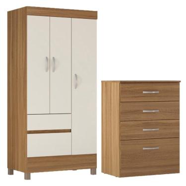 Imagem de Kit Guarda Roupa Solteiro 3 Portas Wind Cômoda Astral Amêndola Touch Off White