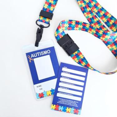 Imagem de Crachá de Identificação Autismo Preenchimento Manual com Cordão Quebra-Cabeças, Trava de Segurança e Fecho 360°, Evita Acidentes, Conforto Sensorial, Personalizável, Crianças Adultos (Crachá e Cordão)