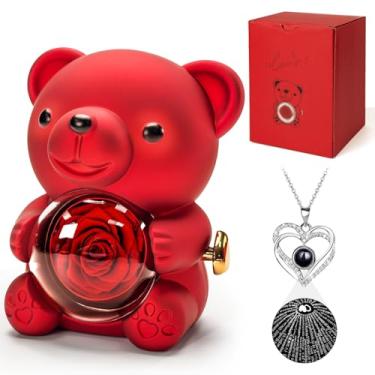 Imagem de HITOP Presentes de rosas para mulheres - Lindo ursinho de pelúcia com rosas reais preservadas para sempre flores e eu te amo em 100 idiomas colar para namorada, esposa, mãe, avó, em aniversários