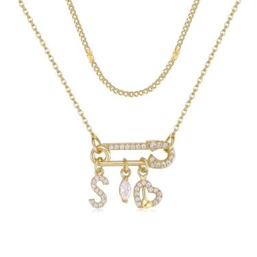 Imagem de MEIITRUE Colar feminino com inicial de alfinete de segurança, banhado a ouro 14 quilates, corrente em camadas, pingente de zircônia cúbica, gota e pingentes de coração, pingente de nome personalizado