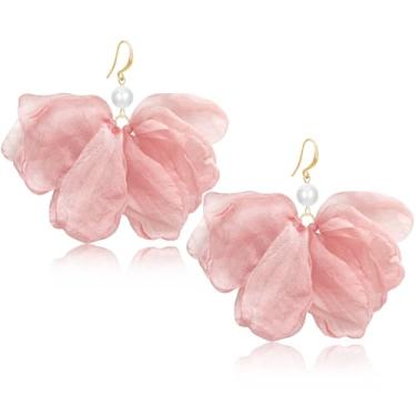 Imagem de unixmoment Brincos femininos com pingente de franja floral de tecido pérola grande boêmio feito à mão, Large, Tecido, Sem pedra preciosa