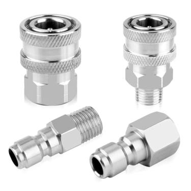 Imagem de Pacote com 2 acopladores de lavadora de pressão NPT 1/10.2 cm plugue de conexão rápida de aço inoxidável macho e fêmea kit adaptador de conversão de acessórios de conexão rápida (rosca externa interna