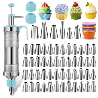 Imagem de NOVANO Conjunto de seringas para decoração de sobremesa, kit de tubulação de cobertura de aço inoxidável, kit de decoração de bolos com 54 pontas de confeitar e 9 cupcakes de silicone, kit de