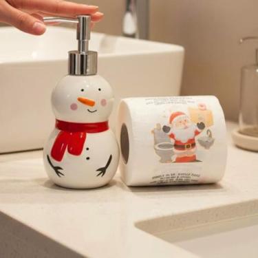 Imagem de Kit Banheiro Natal - Porta Sabonete Líquido 350ml + Porta Papel Higiênico com Motivos Natalinos(Coleção Natal 7,5cm+Papel,Vermelho)