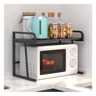 Imagem de Rack de forno de micro-ondas de 2 camadas, suporte de micro-ondas com ganchos, rack de armazenamento de temperos, suporte para impressora, rack de aço carbono, micro-ondas, torradeira, para banheiro