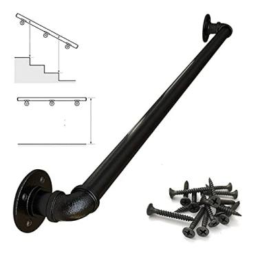 Imagem de Corrimão de escada - kit completo, corrimão de tubo preto industrial de escada com suporte de parede, casa contra a parede, grades internas e externas para idosos (tamanho: 4 m)