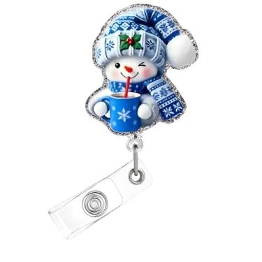 Imagem de Carretel de crachá de Natal, lindo crachá de acrílico de boneco de neve azul para crachá de identificação, suporte de crachá retrátil telescópico engraçado, acessórios de clipe de jacaré para
