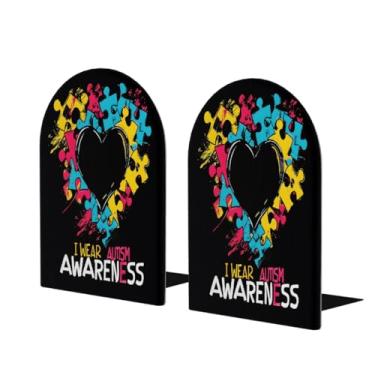 Imagem de Love Art Autismo Grandes Suportes de Livros de Madeira Decorativos Antiderrapantes Resistentes Terminais de Livros para Escritório, Biblioteca de Escritório em Casa, Escola, Estudo, Decoração