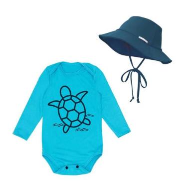 Imagem de Kit Body Bebê Roupa Praia + Chapéu Proteção Solar Uv Baby - Fofotinhos