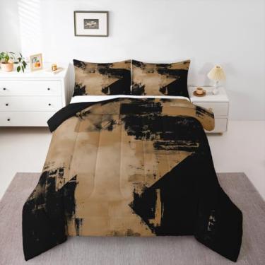 Imagem de Feelyou Conjunto de edredom abstrato moderno para todas as estações, arte abstrata, conjunto de cama com 2 fronhas, microfibra luxuosa, Queen, geométrico, marrom, macio, leve
