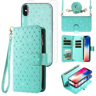 Imagem de Capa carteira compatível com iPhone Xs X 10 10s com zíper destacável para celular protetor de tela com alça com glitter flip porta-cartões para iPhone X, iPhoneXs, iPhone10 i, PhoneX, mulheres