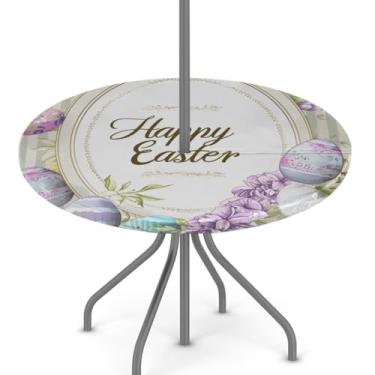 Imagem de hongjinglin Toalha de mesa de Páscoa para uso ao ar livre com orifício para guarda-chuva, toalha de mesa redonda elástica com zíper, impermeável, limpável, para piquenique, festa, pátio, serve para