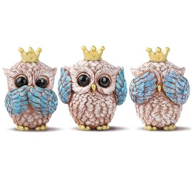 Imagem de GudaAphrmix Estátuas de decoração de coruja - 3 peças esculturas de corujas sábias ver não ouvir não falar sem mal, ornamentos modernos de prateleira, decoração boho para estante, mesa, manto, sala de