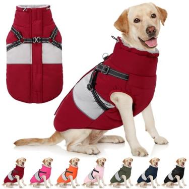 Imagem de AOFITEE Casaco quente de inverno para cães, jaqueta impermeável para cães com arnês, jaqueta de neve para cães com zíper e coleira peluda, suéter refletivo à prova de vento para clima frio, buldogue