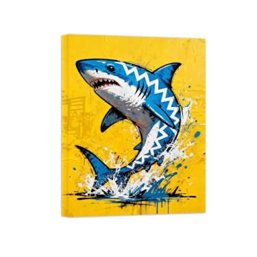 Imagem de Animais Pintura Arte Parede - Tubarão Azul - Impressões em tela - Moderno Colorida Pôster para decoração sala de estar 30x40cm Tela Embrulhada