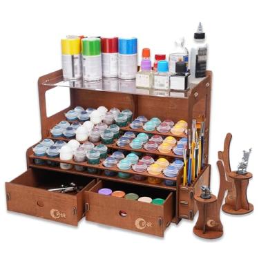 Imagem de OPHIR Suporte de pintura para 60 frascos e 32 pincéis, organizador de tinta acrílica de madeira com 2 porta-pincéis, 2 alças de pintura em miniatura, 2 gavetas para organizador de garrafas de pintura