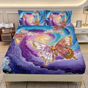 Imagem de AILONEN Jogo de lençol solteiro lindo de borboleta, tamanho GG, pintura a óleo, azul e roxo, para meninas - Lençóis de bolso profundo com borboletas sonhadoras + 2 fronhas - 3 peças