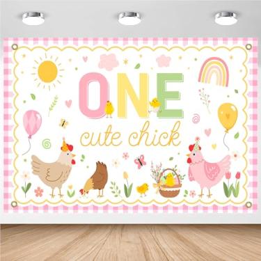 Imagem de Avezano One Cute Chick Banner de aniversário com tema de galinha 1º aniversário pano de fundo animal de fazenda tema de celeiro pintinho 1º aniversário decoração banner (2,4 x 1,8 m)