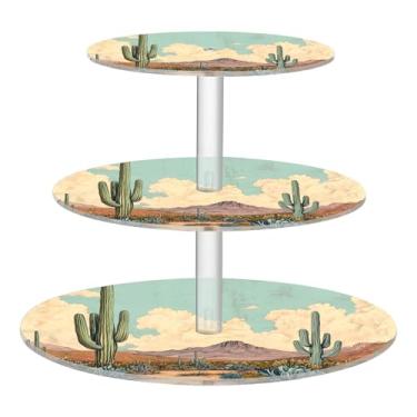 Imagem de CEBUGI Suporte de cupcake de 3 camadas, deserto com cacto, suporte redondo para bolo, torre, bandeja de servir em camadas de acrílico para chá, chá de bebê, casamento e mais
