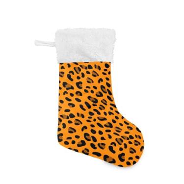 Imagem de Qilmy Lindas meias de Natal com estampa de leopardo laranja 2 peças, meias grandes de Natal, decorações de presente e suprimentos de festa, usadas para decoração de lareira de árvore de Natal 516
