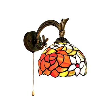 Imagem de Arandela de parede estilo Tiffany, vintage, com vitrais artísticos e corrente de acionamento. Luminária decorativa campestre para quarto, corredor, escada, etc., E27, rosa.