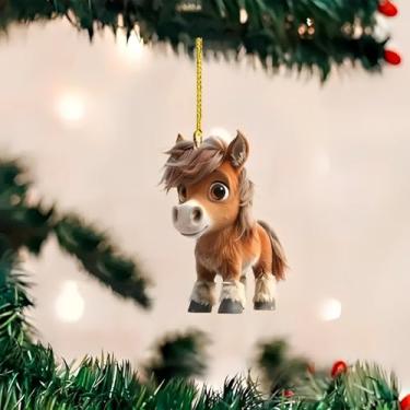 Imagem de Ornamento de pônei fofo de acrílico - crina fofa para pendurar na árvore de Natal com corda dourada para casa e férias (1 peça)/GJ-41