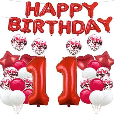 Imagem de Balão de aniversário de 11 anos decorações de aniversário de 11 anos vermelho 11 balões feliz 11 suprimentos de festa de aniversário número 11 balões de alumínio Mylar balões de látex presentes para