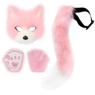 Imagem de HAOAN Conjunto de máscara de raposa peluda, cauda de raposa e pata de lobo adulto, máscara de Halloween, cosplay, fantasia de festa de animais, Rosa e branco, tamanho �nico