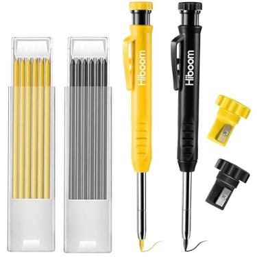 Imagem de Hiboom Pacote com 2 lápis de carpinteiro sólido com 14 recargas, marcador de lápis mecânico de furos profundos de nariz longo com apontador embutido para carpinteiro arquiteto presente de dia dos pais (preto, amarelo)