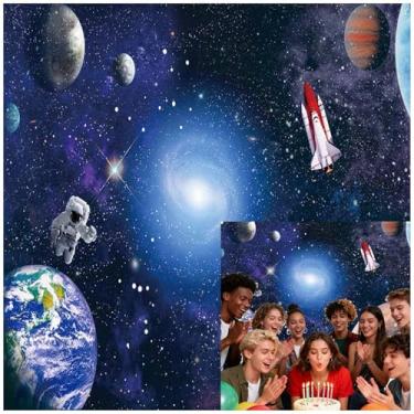 Imagem de Fundo fotográfico de astronauta espacial, 20 x 2,3 m, fundo de fotografia de galáxia cósmica, planeta, chá de bebê, presente para recém-nascido, faixa de festa de aniversário, faixa fotográfica