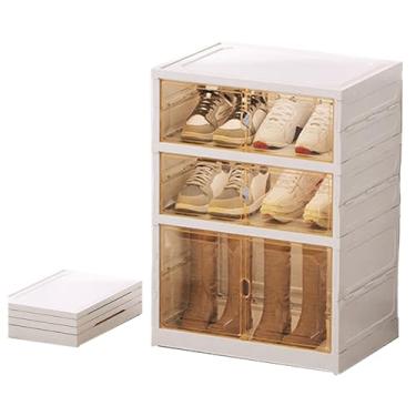 Imagem de ROOM127 Prateleira dobrável para armário de sapatos com polias, organizador portátil para entrada de armário, armário empilhável com porta magnética transparente, armário de armazenamento de plástico