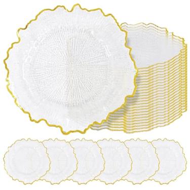 Imagem de 24 placas de carregamento transparentes a granel de 33 cm, placas de carregamento de plástico para prato de jantar, transparentes com carregadores de aro dourado para configuração de mesa, placa de