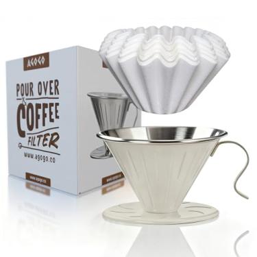 Imagem de AGOGO Conjunto de cafeteira portátil V60 – Gotejador compacto de aço inoxidável 304 de fácil limpeza para acampamento e 50 filtros de papel e creme de pano de limpeza V60