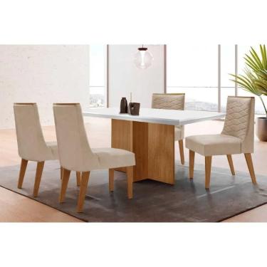 Imagem de Sala Jantar Mesa Berlim Tampo c/ Vidro Curvo 90cm+4 Cadeiras Maldivas Madeira Naturale/Off White - Capuccino/Suede Creme - Rufato