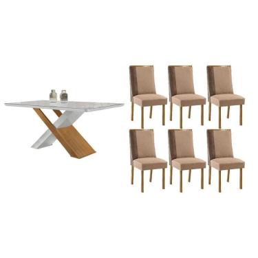 Imagem de Sala Jantar Mesa Imperatriz Tampo c/ Vidro Curvo 180cm+6 Cadeiras Tilia Madeira Naturale/Off White - Capuccino/Linho Capuccino - Rufato
