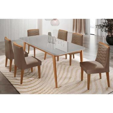 Imagem de Sala Jantar Mesa Havana Tampo c/ Vidro Curvo 180cm+6 Cadeiras Maldivas Madeira Naturale/Off White - Capuccino/Suede Capuccino - Rufato