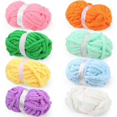 Imagem de Buryeah 8 fios grandes e volumosos para tricô à mão, crochê, 250 ml, fio de cobertor de chenille, volumoso, macio, grosso, fofo, para tricô, artesanato, nº 10, cada novelo, 28,5 metros (doces pastel)
