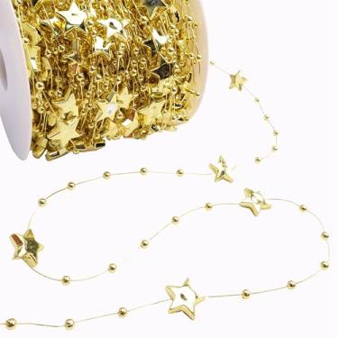 Imagem de AIETSYEI Franja de pompom de poliéster com acabamento em contas de estrela para projetos de artesanato e decoração (ouro)